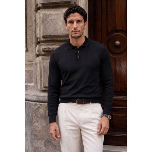 Portofino Premium Düğmeli Polo Yaka İnce Erkek Triko Kazak - Siyah