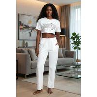 Kadın Beyaz Baskılı Crop T-shirt Pantolon Takım %100 Pamuk Rahat 2’li Set