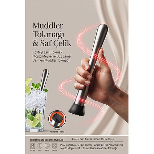 Kokteyl Ezici Tokmak - 22 cm Tırtıklı Başlık Mojito Meyve ve Buz Ezme Barmen Muddler Tokmağı Profesyonel 304 Saf Paslanma Çelik 723437