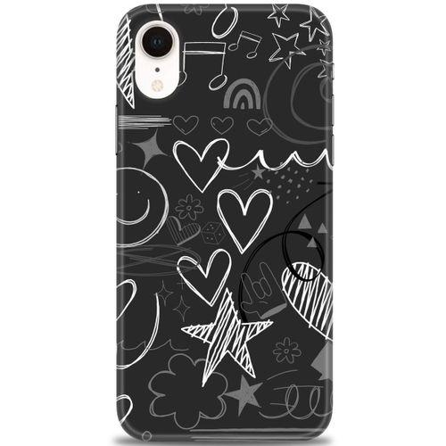 iPhone XR Kılıf HD Baskılı Kılıf - Siyah Kalp ve Notalar + Tam Ekran Koruyucu