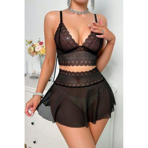 Kadın Siyah Dantel Ve Tül Detaylı Etekli Şık Gecelik Takımı