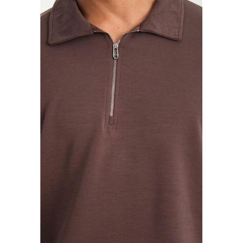 Scuba Modal Kumaş Relaxed Fit Yarım Fermuarlı Polo Yaka Erkek Sweatshirt - Kahve