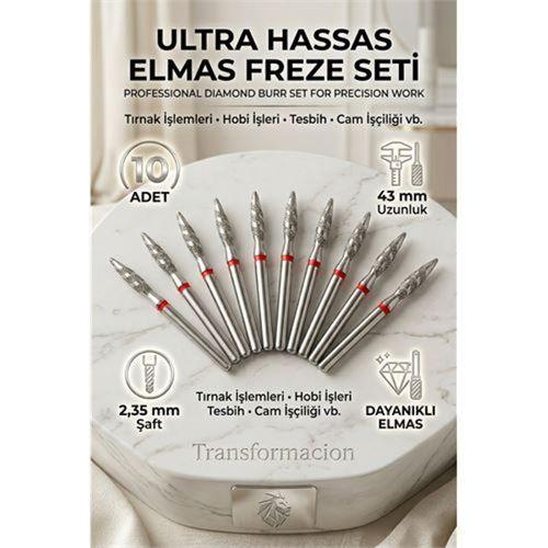 10'lu Ultra Hassas Elmas Freze Ucu - Kuru Manikür, Tırnak, Hobi, Gravür Seti 243LX/021R 723100