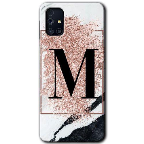 Samsung Galaxy M31s HD Baskılı Kılıf + 9D Tam Ekran Koruyucu - Pembe Mermer Desenli M Harfi