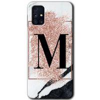 Samsung Galaxy M31s HD Baskılı Kılıf + 9D Tam Ekran Koruyucu - Pembe Mermer Desenli M Harfi