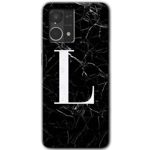 Oppo Reno 7 4G Kılıf HD Desen Baskılı Arka Kapak - Siyah Mermer Desenli L Harfi + Kırılmaz Cam