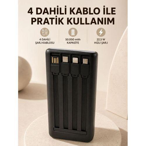 Hızlı Şarj Powerbank 50.000 Mah 4 Dahili Kablolu Led Aydınlatmalı Dijital Göstergeli Taşınabilir Batarya