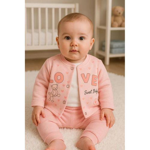 Love Tavşan Desenli Kol Detaylı 3'lü Hırkalı Kız Bebek Takım