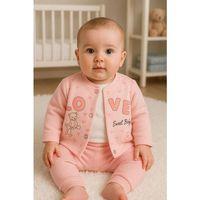 Love Tavşan Desenli Kol Detaylı 3'lü Hırkalı Kız Bebek Takım