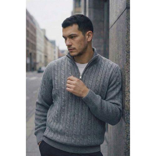 Bardem Saç Örgülü Yarım Fermuar Erkek Triko Kazak - Füme