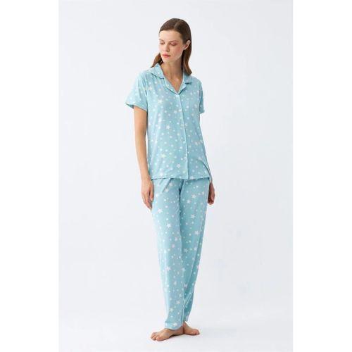 Kadın Buz Mavisi Yıldız Desenli Önden Düğmeli Pijama Takımı