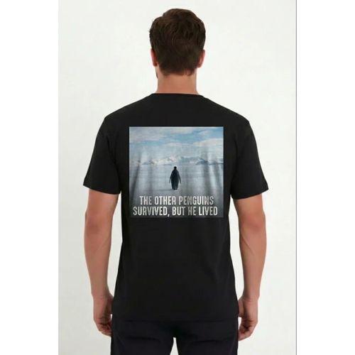 Erkek Oversize Tişört - Sırt Baskılı Survivor Penguin Temalı, Felsefi Yazılı Bisiklet Yaka Tişört - Siyah