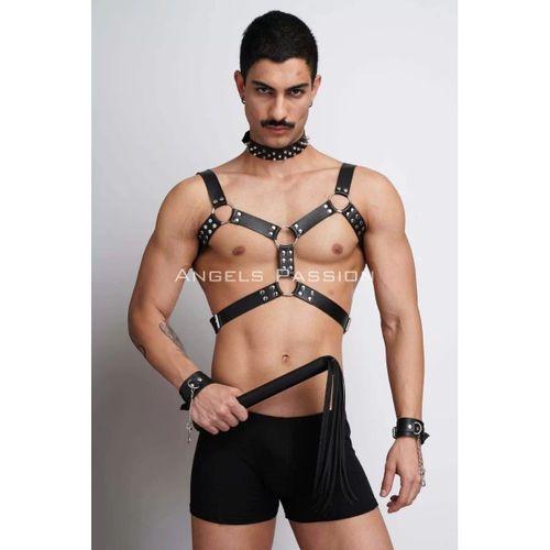 Kırbaç Ve Çivili Choker Detaylı Erkek  Fantazi Giyim, Deri Erkek  Harness Takım - Brfm102