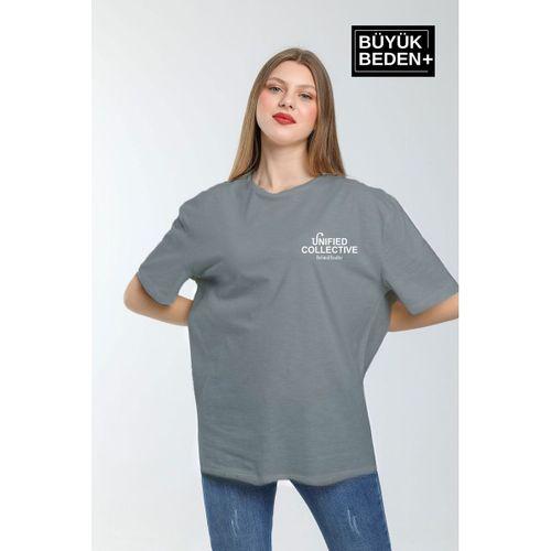 Kadın Büyük Beden Unified Collective Baskılı Bisiklet Yaka Tshırt SPR25BTSK905