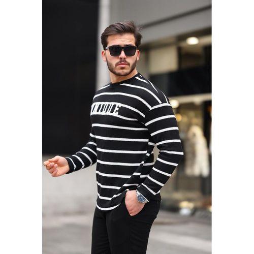 Unique Baskılı Çizgili Erkek Sweatshirt - Siyah