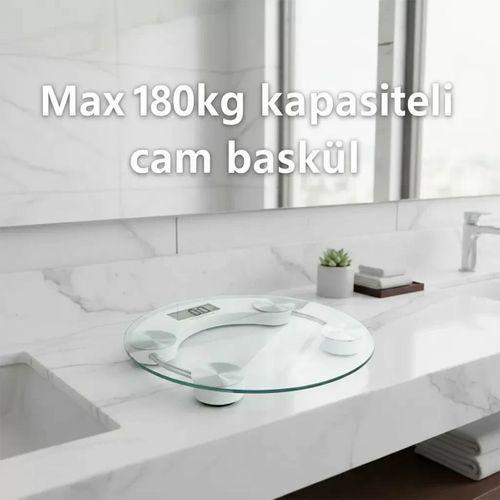 Yuvarlak Şeffaf Dijital Cam Baskül Tartı – 180 Kg Taşıma Kapasitesi, Hassas Ölçüm, Şık Tasarım Terazi