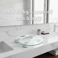 Yuvarlak Şeffaf Dijital Cam Baskül Tartı – 180 Kg Taşıma Kapasitesi, Hassas Ölçüm, Şık Tasarım Terazi