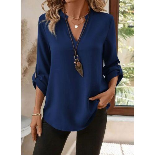 Kadın Uzun Kollu V Yakalı Ithal Krep Lacivert Bluz