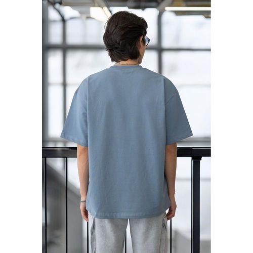 Cep Baskılı İki İplik Kumaş Pamuklu Oversize Erkek T-Shirt - Soğuk Mavi