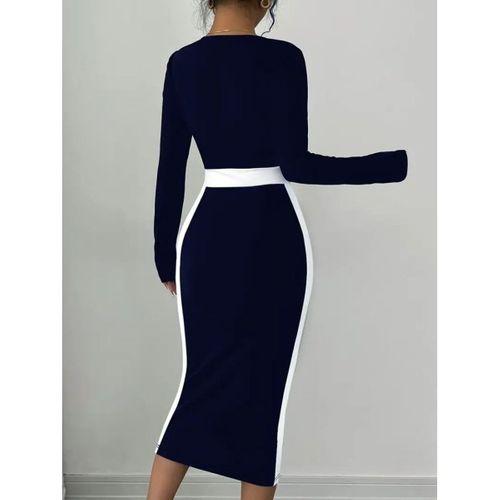 Kadın Uzun Kollu Geometrik Yaka Midi Ithal Krep Elbise