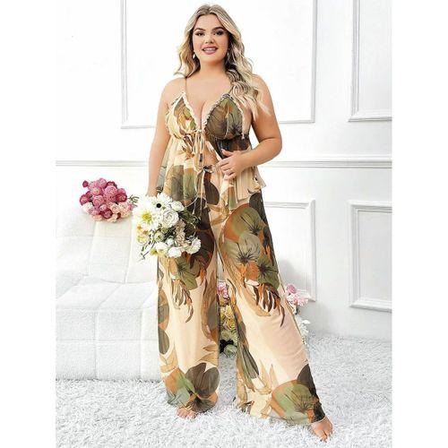 Özel Tasarım Büyük Beden Çiçek Desenli İnce Askılı 2'li Pijama Takımı