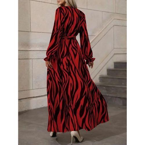 Kadın Uzun Kollu Kruvaze Yakalı Kuşaklı Zebra Desenli Süprem Maxi Elbise