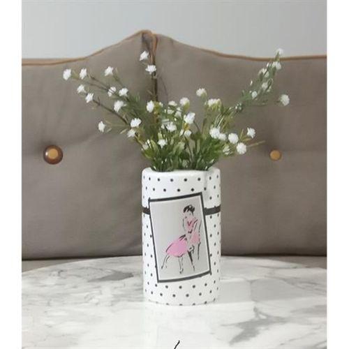 2 Adet Vazo Dahil,Vazoda Çiçek,Beyaz Yapay Çiçek,Vazo Dekoratif Pembe Elbiseli Kadın 7X7X16Cm