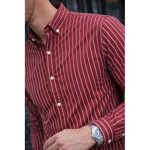Chad Modal Kumaş Çizgili Yazlık Relaxed Fit Erkek Gömlek - Kırmızı
