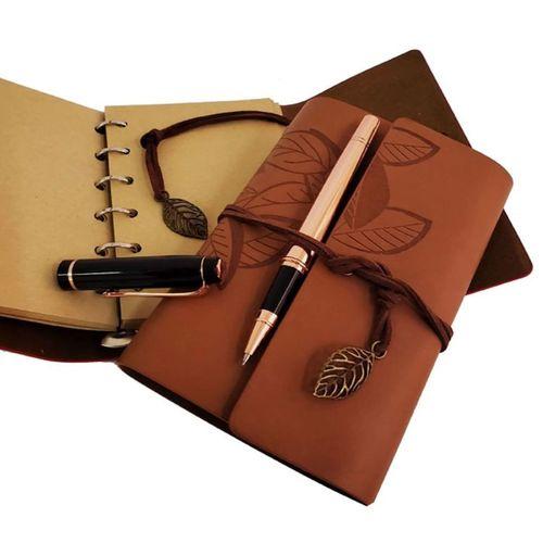 Özel Ahşap Kutulu Taba Deri Defter Ve Bakır Roller Kalem Set