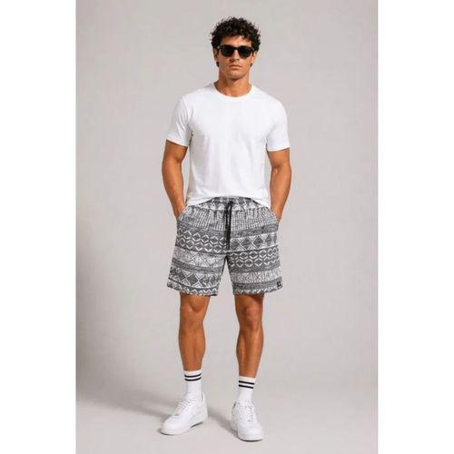 Erkek Dokuma Etnik Desenli Şort Lastikli Bel Bağcıklı Cepli Yazlık Rahat - Gri