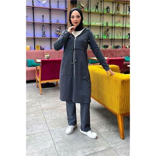 Kapşonlu Belden Bağlamalı Fermuarlı Sade Basic Uzun Tunik ve Pantolon İkili Spor Takım - 03065.017 - Antrasit