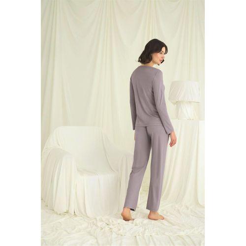 Yakası Kolu Ve Omzu Dantelli Boydan Düğmeli Pijama Takımı