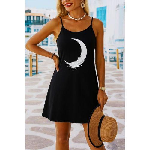 Kadın Ip Askılı Ay Desenli Viskon Elbise