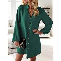 Kadın Uzun Kollu V Yakalı önden Düğmeli Kısa Sandy Elbise