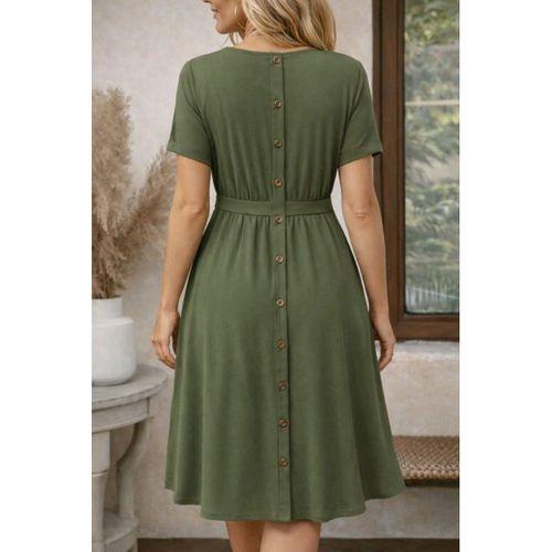 Kadın Kısa Kollu Yuvarlak Yaka Arkadan Düğmeli Viskon Midi Elbise