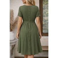 Kadın Kısa Kollu Yuvarlak Yaka Arkadan Düğmeli Viskon Midi Elbise