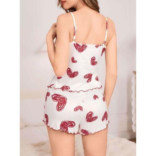Kadın Beyaz Kalp Desenli Şortlu Gecelik Pijama Takımı Sevimli Rahat 2’li Set