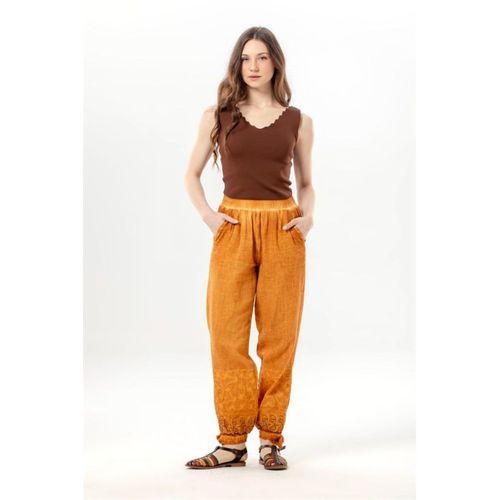 Beli Lastikli İnka Bilekten Bağlamalı Otantik Nakışlı Kadın Poplin Pantolon Hardal Hrd