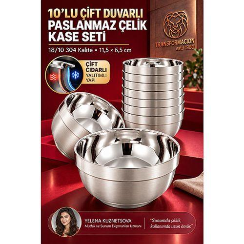 10 lu Çift Duvarlı Yalıtımlı Salata Dondurma Erişte Sos Atıştırmalık 11,5 cm Servis Kasesi 18/10 304 Çelik 723768