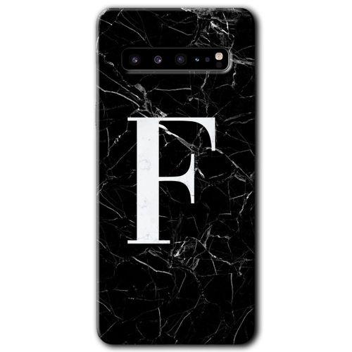 MRCİLETİSİM MRCİLETİSİM Samsung Galaxy S10 Plus Kılıf HD Desen Baskı Arka Kapak + TemperliCam - Siyah Mermer Desenli F Harf