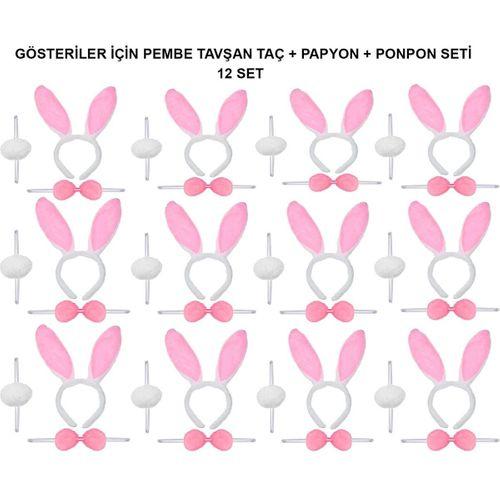 Pembe Tavşan Kostüm Seti – Taç, Papyon, Ponpon (12’li Paket)