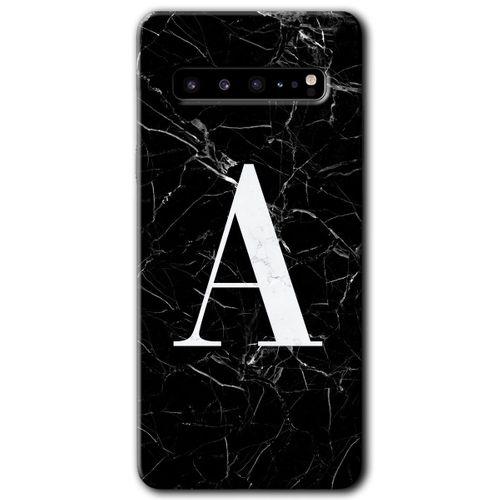 Samsung Galaxy S10 Plus Kılıf HD Desen Baskı Arka Kapak + TemperliCam - Siyah Mermer Desenli A Harf