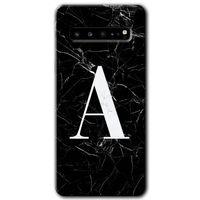 Samsung Galaxy S10 Plus Kılıf HD Desen Baskı Arka Kapak + TemperliCam - Siyah Mermer Desenli A Harf