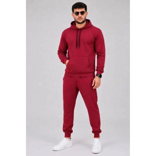 Erkek İki İplik Kapüşonlu Kanguru Cepli Sweatshirt Jogger Pantolon Alt Üst Eşofman Takımı -Bordo