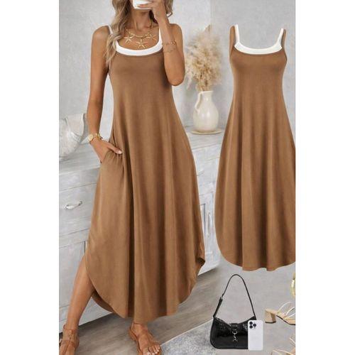 Kadın Ip Askılı Yuvarlak Yakalı Cepli Uzun Viskon Elbise