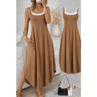 Kadın Ip Askılı Yuvarlak Yakalı Cepli Uzun Viskon Elbise