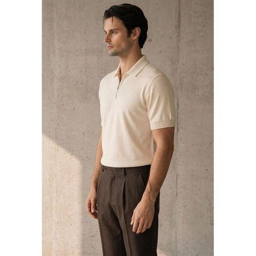 Linus Fermuarlı Polo Yaka Kısa Kollu İnce Triko Erkek T-Shirt - Bej