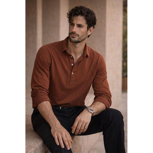 Yarım Pat Yakalı York Pamuk Kumaşlı Uzun Kollu Erkek Gömlek - Koyu Kahve