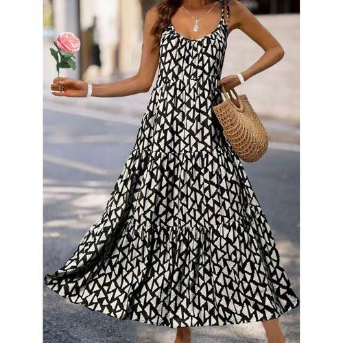 Kadın Askılı Yuvarlak Yaka Fırfırlı Desenli Uzun Bürümcük Elbise