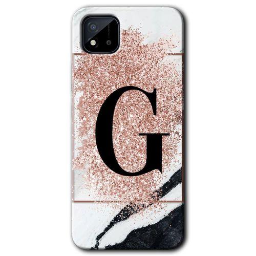 MRCİLETİSİM Realme C11 Kılıf Baskılı Kapak - Pembe Mermer Desenli G Harfi + 5D Tam Kaplayan Cam